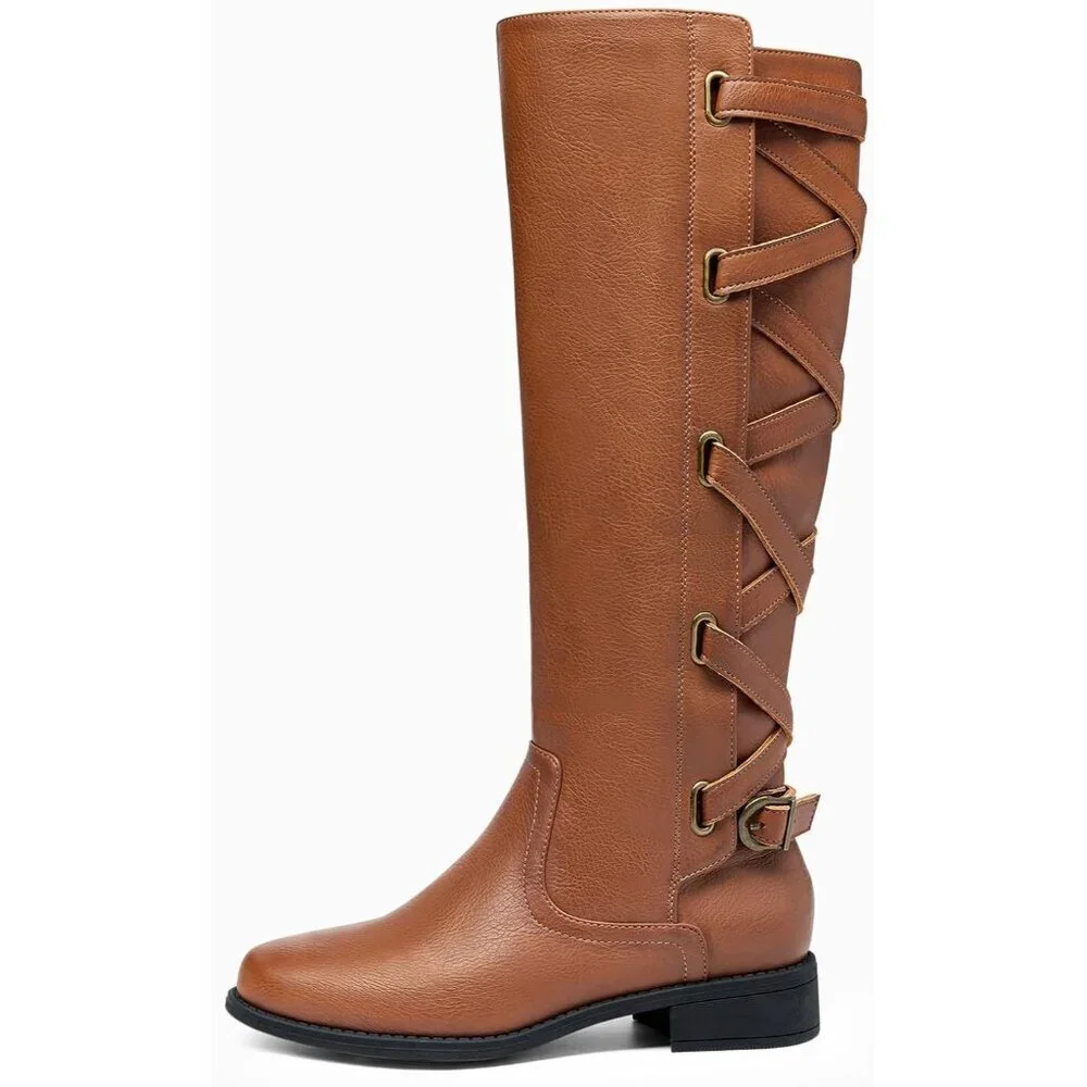 Womens Faux Leather Light Brown Strappy Motorcycle Knee High Riding Lace Up Boot